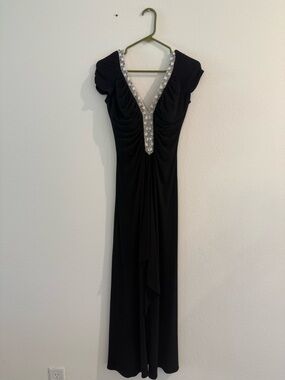 JS Boutique Black Evening Gown with Silver Crystal V-Neck